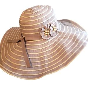 SCALA Beige & White Stripe Beach Wide Brim Sun Hat